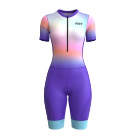 RUUN Women’s Cycling Trisuit Half Sleeve with Pockets Mesh Triathlon Padded Suit with Hi Viz Reflection Skinsuit Power Band and Leg Grippers (Medium, Purple, One Size)