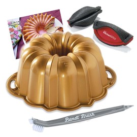 Nordic Ware Original 12 Cup Anniversary Gold Bundt Pan With 3 in 1 Bundt Cleaning Tool + Recipe Card and Pot Handle Holder