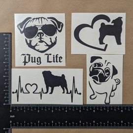 Pug Decal 4 Pack: Pug Life, Pug Heart Silhouette, Pug Heartbeat, Detailed Pug Decals (Small ~3.5", Black)
