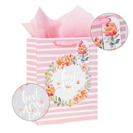 MAYPLUSS 13" Mothers Day Large Gift Bag with Tissue Paper - Best Mom Ever - Pink/White Stripes