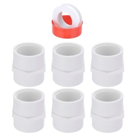 sourcing map 6 Pcs 1-1/4" PVC Female Adapter Pipe Fitting Fit for SCH40 Slip Coupling Female to Female Threaded Pipe Coupling Connector with Sealing Tape, Socket x NPT Female, White