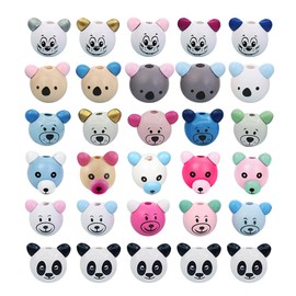 HIOQFR Pack of 30 Bear Head Wooden Beads with Face 25 mm Small Wooden Balls with Animal Faces Natural Wooden Beads Animal Heads Panda Round Wooden Heads with Face for Crafts Wooden Beads Set (Random
