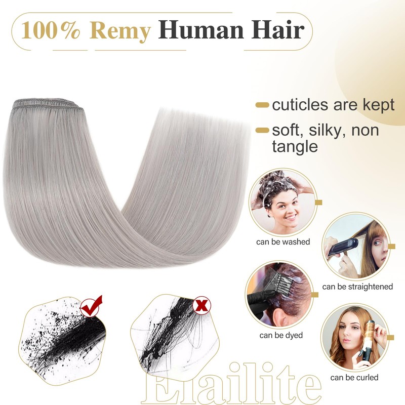 Elailite Real Hair Clip-In Extensions, 8 Wefts, Grey, Straight, Real