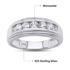 SAVEARTH DIAMONDS 1.00 ctw Round Lab Created Moissanite Diamond Channel Set Men's Anniversary Wedding Band Ring 14k White Gold Over Sterling Silver (1 Cttw)- 11