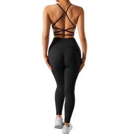 DOULAFASS Ribbed Workout Sets for Women 2 Piece Backless Strappy Sports Bra Seamless Leggings Gym Wear Activewear Sets