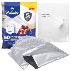 Wallaby 50 Count 1-Pint Mylar Bags with Labels, 10 Mil Total Thicker Long-Term Food Storage Pouches, 6x8 Heat-Sealable Airtight Packaging - Silver
