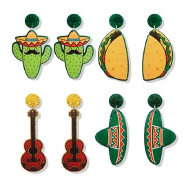 4 Pairs Cinco De Mayo Earrings for Women Hat Guitar Acrylic Drop Dangle Fiesta Earring Sets for Mexican Festival Costume (Style 1)