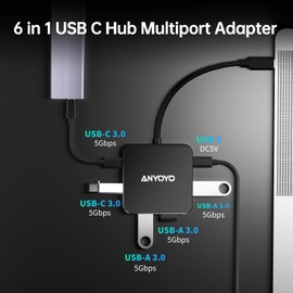 6 Ports USB Hub 3.0, USB C/A Hub with 3 USB-A 3.0, 2 USB-C 3.0 and 1 USB-C DC 5V Port, USB Hub for Laptop PC, USB Hub with Multi USB Port, USB C Hub Multiport Adapter for Printer, Flash Drive