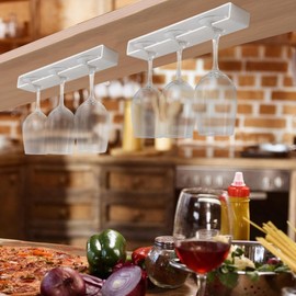 Vaisoeny Wine Glass Holder, 2 Pack, No Drilling Required, Hanging Stemware Rack Organizer for Bar Cabinet Kitchen, White