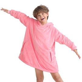 LetsFunny Oversized Hooded Blanket Sweatshirt, Super Soft Warm Comfortable Sherpa Wearable Blanket with Giant Pocket, for Adults Men Women Teenagers Kids, One Size Fits All (Kids, Pink)