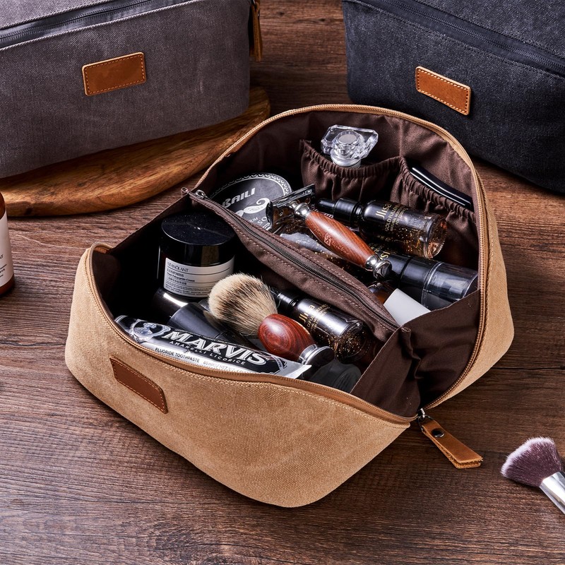 PAHVRION Canvas Toiletry Bag for Women with Genuine Leather Handle,Travel