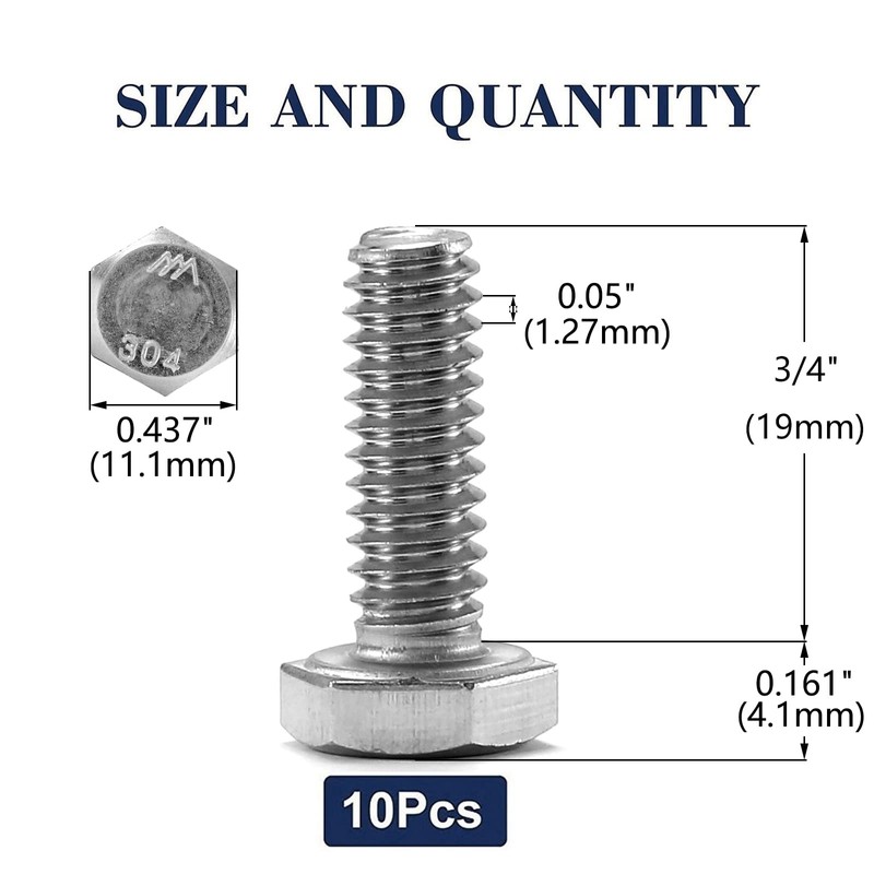 1/4-20 x 3/4" Hex Head Screw Bolt, 10Pcs 18-8 (304)