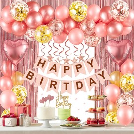 Rose Gold Birthday Princess Party Decorations for Women and Girls, Happy Birthday Banner with Foil Fringe Curtains, Confetti Balloons, Hanging Stars, Cupcake Toppers for Party Backdrop