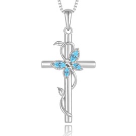 YL Cross Butterfly Twisted Flower Necklace for Women, Solid Sterling Silver 18K White Gold Plated Birthstone Pendant Box Chain Jewelry, Sterling Silver, created aquamarine