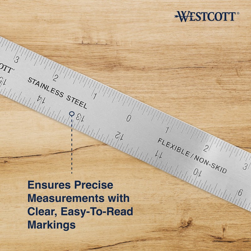Westcott Stainless Steel Ruler, Zero-Center Scale with Non-Slip Cork Backing,