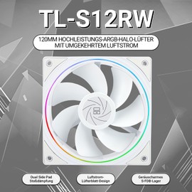 Thermalright TL-S12RW CPU Fan, Computer Case Cooler Fan, 12 cm Desktop Cooler, 4-Pin PWM Plug PC Fan with ARGB Panel, 1500 RPM Speed PC Cooler Reverse Fan (120 mm, White)