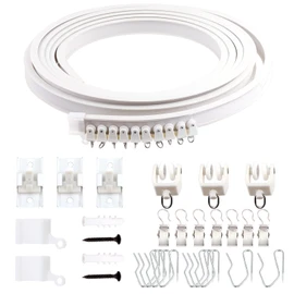 Keadic 160Pcs 5M/16.4FT Bendable Curved Ceiling Mount Curtain Track with Track Rollers, Snap-on Ceiling Brackets, End Caps, Drapery Hooks, Curtain Clips for Room Divider, Shower Curtains（White）