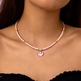 Seashell Pearl Pendant Necklace Gold Plated Boho Enamel Pink Blue Scallop Sea Shell Starfish Ocean Animal Chain Necklace for Women Hawaiian Summer Beach Holiday Fashion Jewelry Gifts (Pink beaded necklace)