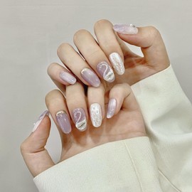 NLSJMP Handmade Nails Press on,Luxury glitter pearl purple white silver rhinestone Design Nail Art Kit,Acrylic Fake Nails Kit,Reusable False nails,Include Toolkit,10pcs,Size M，#1991