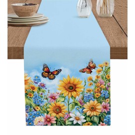 Linen Table Runner,Summer Watercolor Sunflower Butterfly Dresser Scarf Kitchen Dinning Tabletop Covers Decor for Indoor Outdoor Party Holiday Wedding Rustic Pastoral Floral Plant,13x70in