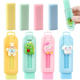 FENQURO Pack of 4 Retractable Erasers, Erasers for Pencils and Colouring Pencils, Puppy and Dinosaur Shaped Eraser, Nice Gift Idea, 2.5 x 8.8 x 1.5 cm