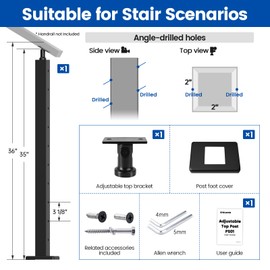 Muzata Black Stair Cable Railing Post 36 Inch for 25-35 Degrees Stair 36"x2"x2" Surface Mount T304 Stainless Steel Cable Railing System Kit Indoor Outdoor with Paper User Guide PS01 BA4S