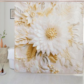 MACOFE Chic Floral Shower Curtain with Pearl Accents, Luxurious Gold and White Flower Fabric Bathroom Curtain Set, Waterproof & Washable with Hooks - 72x72 Inches