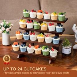 DAOYOUSKY Wooden Rustic Cupcake Stand for 24 Cupcakes, Stepped Wood Display Stand for Weddings, Tiered Party Table Display Riser for Food , Dessert, Cookie, Decor, Craft Show, Brown