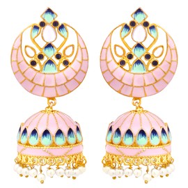Aheli Elegant Gold Tone Traditional Floral Enamel Jhumki Earrings Ethnic Indian Fashion Jewellery Pink Gift for Women
