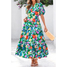 dowerme Womens Summer Dresses 2025 Casual Puff Short Sleeve V Neck Floral Boho Tiered Ruffle Maxi Dress with Pockets(Green Orange Flower,Medium)