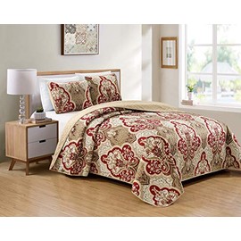 Luxury Home Collection 3 Piece Full/Queen Quilted Reversible Coverlet Bedspread Set Floral Printed Taupe Red