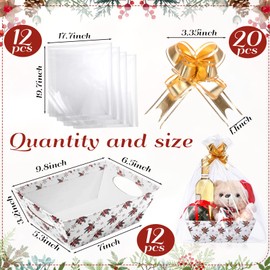 Nuogo 44 Pcs Christmas Basket for Gifts Empty Gift Basket Kit Include 12 Gift Basket Empty 12 Plastic Bags for Gift Baskets and 20 Pull Bows for Xmas Christmas Party Gift Wrapping