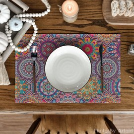 Artoid Mode Boho Vintage Geometry Moroccan Mandala Place Mats Set of 6, 30 x 45 cm Holiday Banquet Placemats Washable Place Mats Kitchen Party Decoration