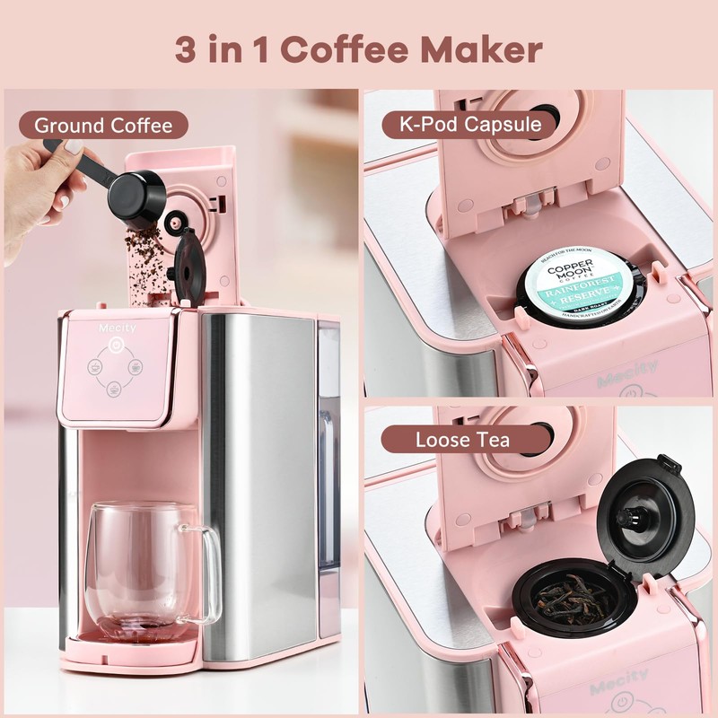 Mecity Pink Coffee Maker 3-in-1 Single Serve Coffee Machine, For