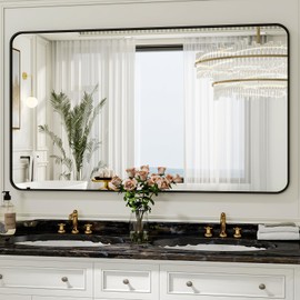 48"x36" Black Bathroom Mirror - Modern Black Mirror for Wall with Rounded Corners, Bathroom Mirrors for Vanity, Aluminum Alloy Framed Mirror Portrait or Landscape Hang, Horizontal or Vertical