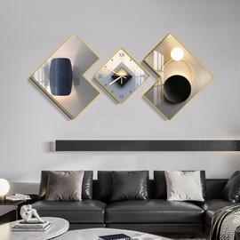 BULUXE Large 3pcs Geometric Wall Clock with Silent Movement, Modern Decorative Clocks Set with Canvas Painting, Creative Wall Decor for Living Room Home Office (Black)