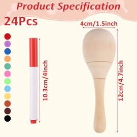 ZOFUN 24 Pcs Musical Maracas, 12 x 4 cm Mini Maracas with 24 Acrylic Paint Pen in 12 Colours, Unfinish Wood Maracas for Party, Paintable Hand Maracas for Classroom, Carnivals, Festival
