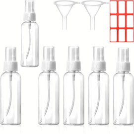 dhrbsx Spray Bottles, 2oz/50ml Clear Empty Fine Mist Plastic Mini Travel Continuous Bottle Set, Small Refillable Liquid Containers with 2pcs Funnels and 12pcs Labels