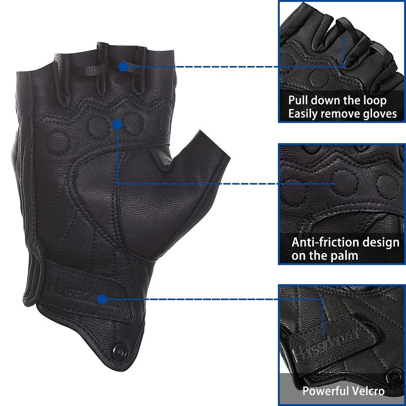 Harssidanzar Mens Gloves Half Finger Goatskin Leather Motorcycle Gloves GM037UK,Black,Size