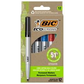 BIC Ecolutions Fine Permanent Markers, Fine Bullet Tip, 12-Count Pack of Assorted colours, Marker Set Made from 51% Recycled Plastic