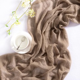 DeZerlor Coffee Cheesecloth Table Runner Boho Gauze Summer Table Runner 120 inches Sheer Cheese Cloths for Rustic Wedding Bridal Baby Shower Decor Party Summer Table Centerpiece