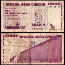 Zimbabwe 5 Billion Dollars Special Agro Cheque, 2008, P-61, Damaged X 100 PCS
