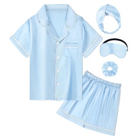 SEALINF Satin Girl Pajama Set Silk Pajamas for Girls With Eyemask 2 Pcs Button-up Sleepwear Kid Pjs Nightwear(Light Blue,160)
