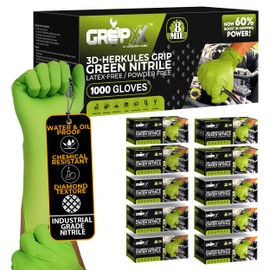 GRIPXX Herkules Grip Heavy Duty 8Mil Green Nitrile Gloves,3D Raised Diamond Texture-Latex & Powder Free-Industrial, Mechanic (10, Medium)