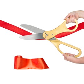 Crutello Giant Ribbon Cutting Ceremony Kit 20"Giant Scissor Set with Sharp, Gold Handled Durable XL Scissors, and 30 Feet of Oversized 4"Wide Red Ribbon