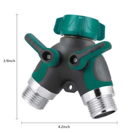 Hose distributor, two-way heavy-duty, garden hose distributor, faucet distributor, outdoor faucet distributor, water hose adapter, faucet distributor, all-metal, with shut-off valve (green)