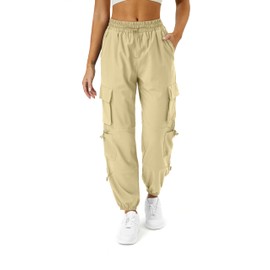 COPYLEAF Womens Parachute Cargo Pants with Pockets Quick Dry Hiking Pants Lightweight Water-Resistant Baggy Joggers(Light Khaki L)