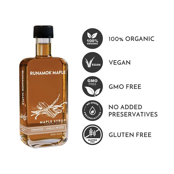 Runamok Maple Cinnamon-Vanilla Infused Maple Syrup - Authentic & Real Vermont Maple Syrup | Gluten Free & Natural Sweetener | Breakfast, Coffee, Pancakes Maple Syrup | 8.45 Fl Oz (250mL)