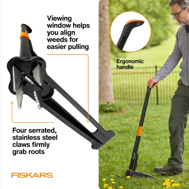 Fiskars Stand-Up Weed Puller Tool, 4 Serrated Stainless Steel Claws