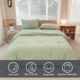 NSNLGSGC Twin Comforter Set, Sage Green Gingham Bedding Comforter Sets, Green Grid Bed Comforter 2 Pieces (1 Comforter, 1 Pillowcase)